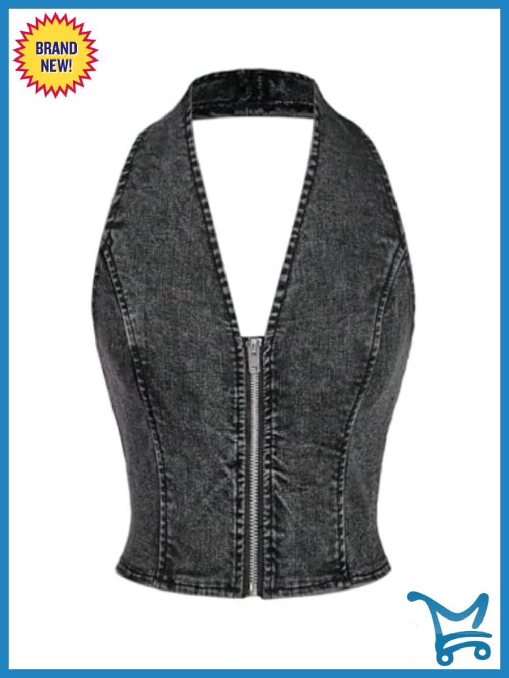 Denim Halter Crop Top Backless Zipper Sleeveless Club Party Top